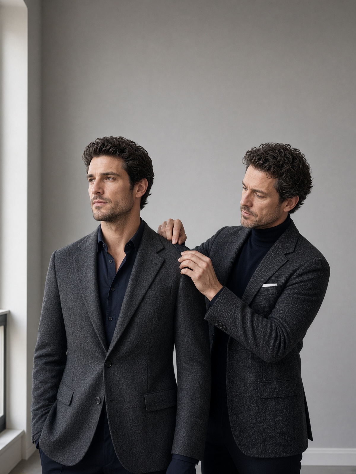 Tailor adjusting a jacket on a broader frame