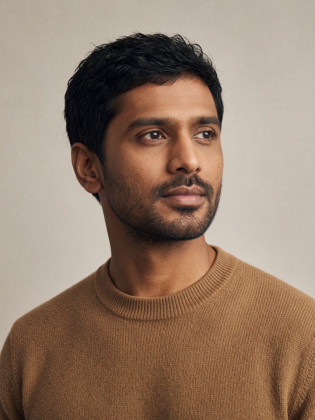 Close portrait in a bone studio, natural skin, simple knit